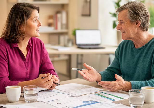 Twee mensen in een persoonlijk adviesgesprek bij Ruiter Zorg aan de Schieweg in Delft, documenten op tafel