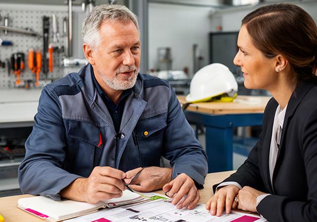 Een ervaren vakman in een technisch beroep overlegt met een adviseur over omscholingsmogelijkheden bij Ruiter Zorg